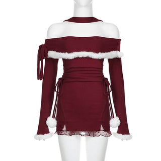 Halter off shoulder long sleeve fluffy self tie mini dress