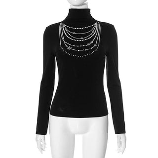 Long sleeve high neck beaded print contrast top