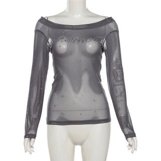 Off shoulder long sleeve beaded sheer mesh solid top