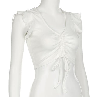 Cap sleeve drawstring ruched ribbed crop top