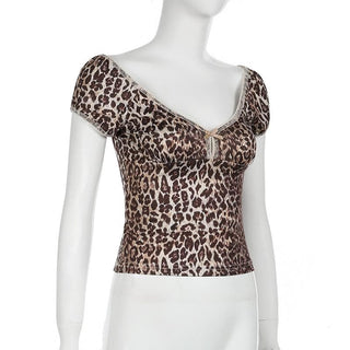 Short puff sleeve leopard print bowknot top