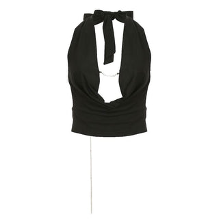 Halter cowl neck metal chain backless top
