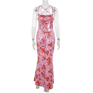 Cross back self tie flower print cami maxi dress