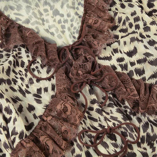 Long sleeve mesh lace hem leopard print self tie top