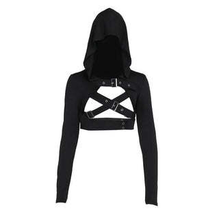 Hoodie long sleeve buckle cross back crop top