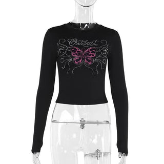Long sleeve beaded butterfly pattern crewneck top