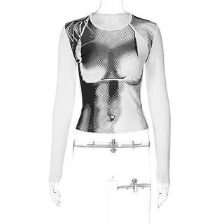 Long sleeve contrast crewneck abstract print top