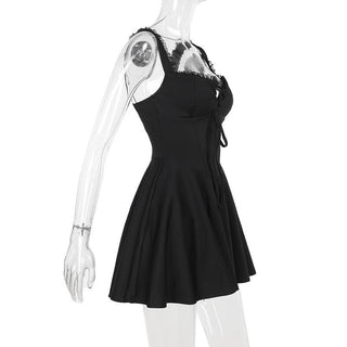 Lace hem button bowknot cami mini dress