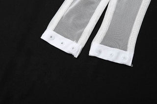 Velvet mesh patchwork long sleeve self tie bodysuit