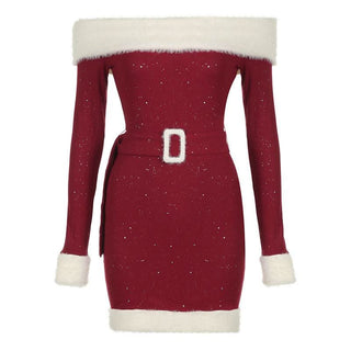 Off shoulder long sleeve beaded fluffy belt mini dress