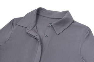 Turnover collar long sleeve button ruched mini dress