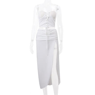 Lace up sweetheart neck solid backless high slit ruched midi skirt set