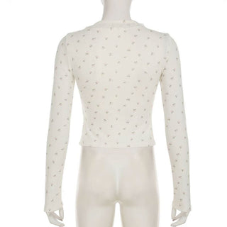 Long sleeve textured flower print button lace hem top