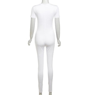 Short sleeve crewneck body print zip-up jumpsuit