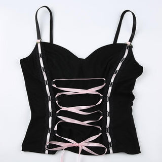 Lace up stitch ribbon sweetheart neck bustier cami top