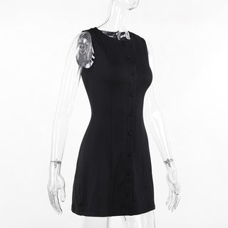 Button crewneck solid o ring tank mini dress