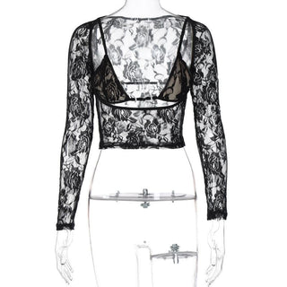 Long sleeve hollow out contrast lace 2 piece cut out top