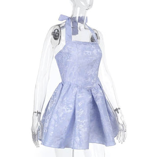 Halter smocked ruched square neck print mini dress