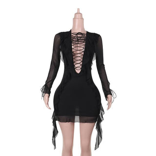 Long sleeve lace up ruffle self tie mesh mini dress