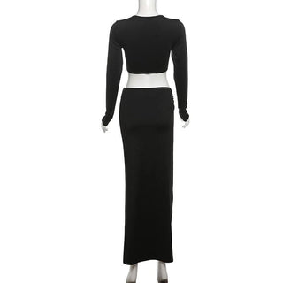 Long sleeve crewneck o ring slit solid maxi skirt set
