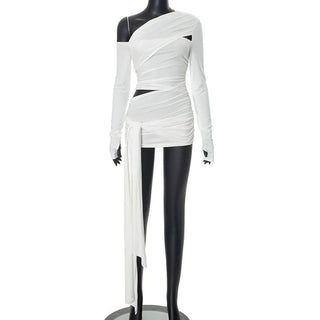 One shoulder long sleeve ruched hollow out knotted cut out top