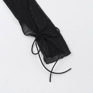 Long sleeve lace up ruffle self tie mesh mini dress