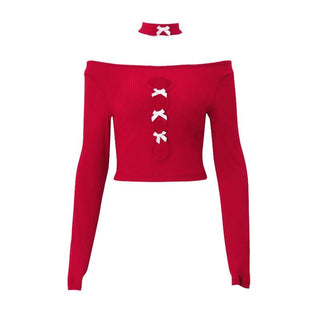 Long sleeve hollow out bowknot off shoulder cut out top