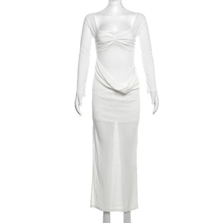 Long sleeve ruched off shoulder see through slit midi dress