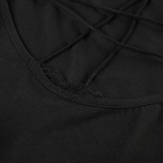 Cross front lace hem long sleeve hollow out cut out top