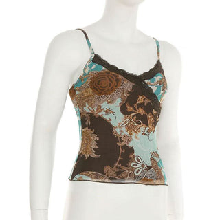 V neck lace hem flower print cami top