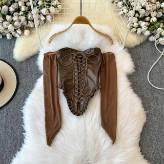 Off shoulder PU leather lace up smocked top