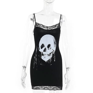 Skull print lace hem cami mini dress