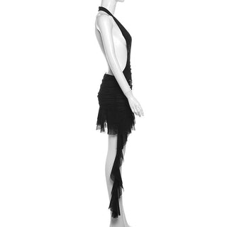 Halter ruffle o ring sheer mesh mini dress