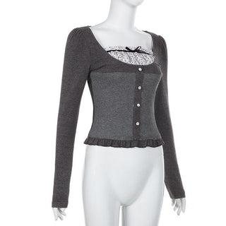 Ruffle polka dot patchwork button long sleeve contrast top