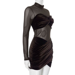 Long sleeve mesh high neck velvet ruched mini dress