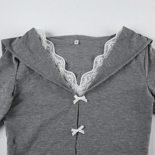 Long sleeve lace hem bowknot top