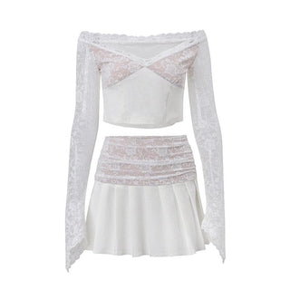 Long flared sleeve lace patchwork pleated ruched zip-up mini skirt set