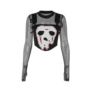 Crewneck long sleeve demon embroidery fishnet patchwork top