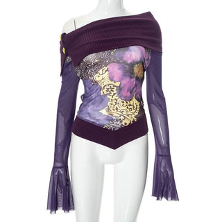 Long flared sleeve irregular mesh patchwork print top