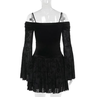 Off shoulder long flared sleeve velvet mini dress