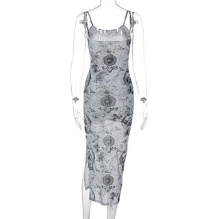 Slit contrast print sheer mesh see through u neck cami midi dress