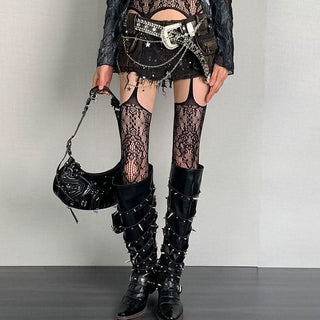 Suspender sheer lace flower pattern tights