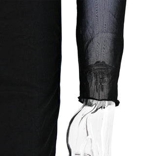 Patchwork lace mesh long sleeve zip-up slit solid maxi dress