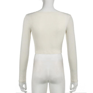 U neck long sleeve lace hem self tie crop top