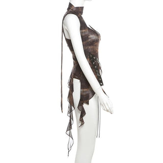 Glove tie dye sheer mesh patchwork ruffle top