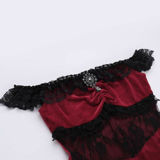 Off shoulder lace hem slit velvet metal applique ruched maxi dress-final-sale