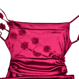 Cowl neck satin flower applique backless cami maxi dress