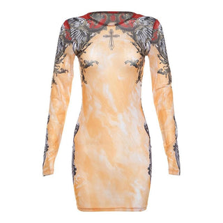 Long sleeve crewneck print sheer mesh mini dress