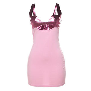 Hollow out metallic patchwork backless cami cut out mini dress