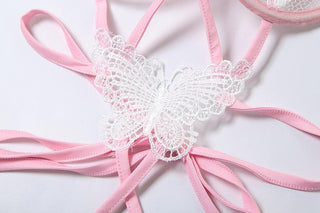 Lace butterfly pattern cross front hollow out cami bodysuit
